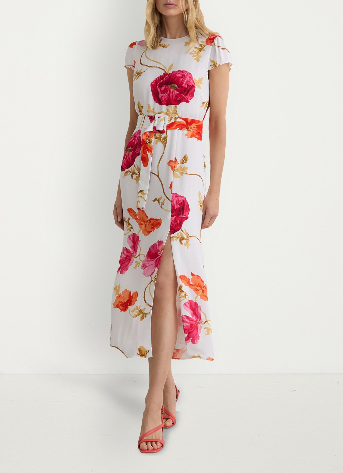 Reiss Lyra midi jurk met bloemenprint en ceintuur - voorkant 5 roze