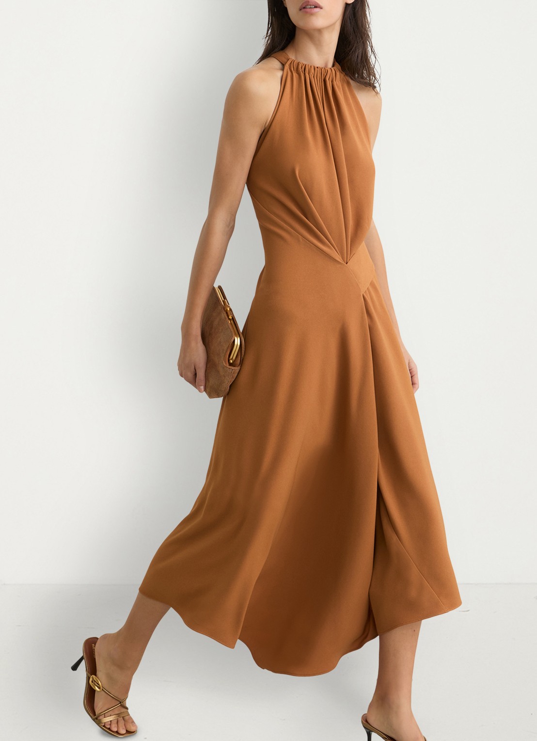 Reiss Maeve midi jurk met gedrapeerd detail - detail 4 oranje