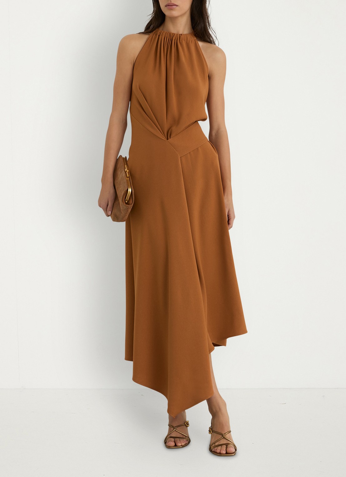 Reiss Maeve midi jurk met gedrapeerd detail - voorkant 2 oranje