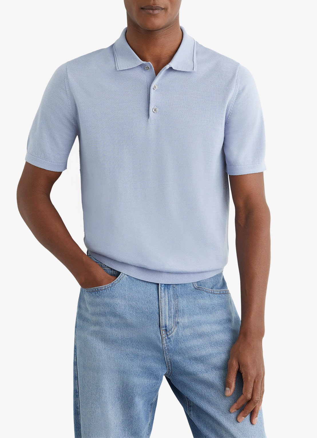 Reiss MANOR Merino Wool Short-Sleeve Polo Shirt - detail 3 lichtblauw