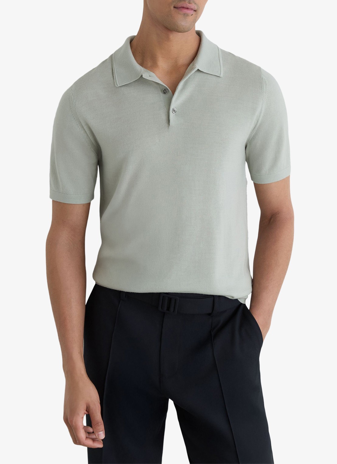 Reiss Manor regular fit polo van merino wol - detail 3 lichtgroen