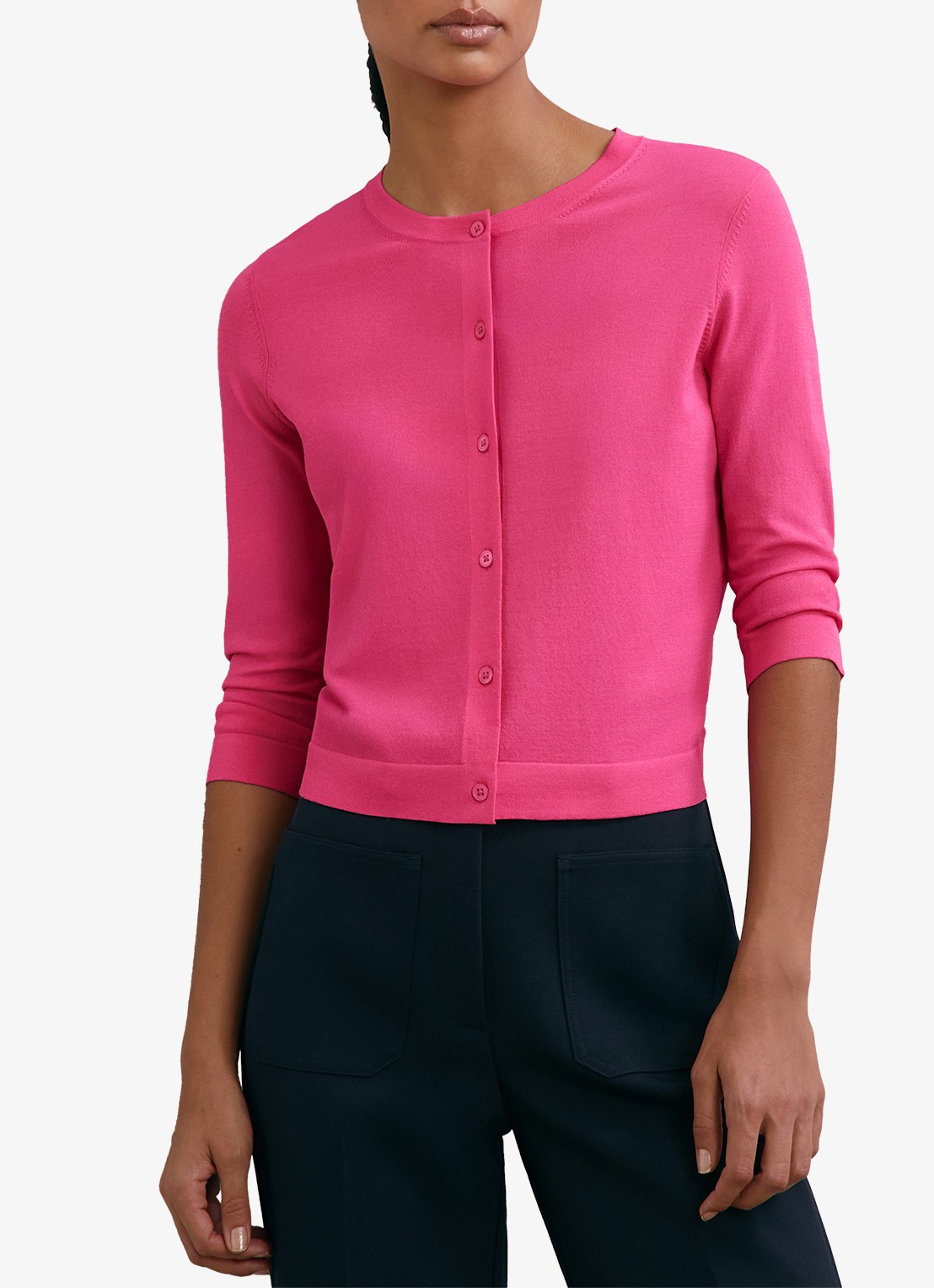 Reiss Mara fijngebreid vest met ronde hals - detail oudroze