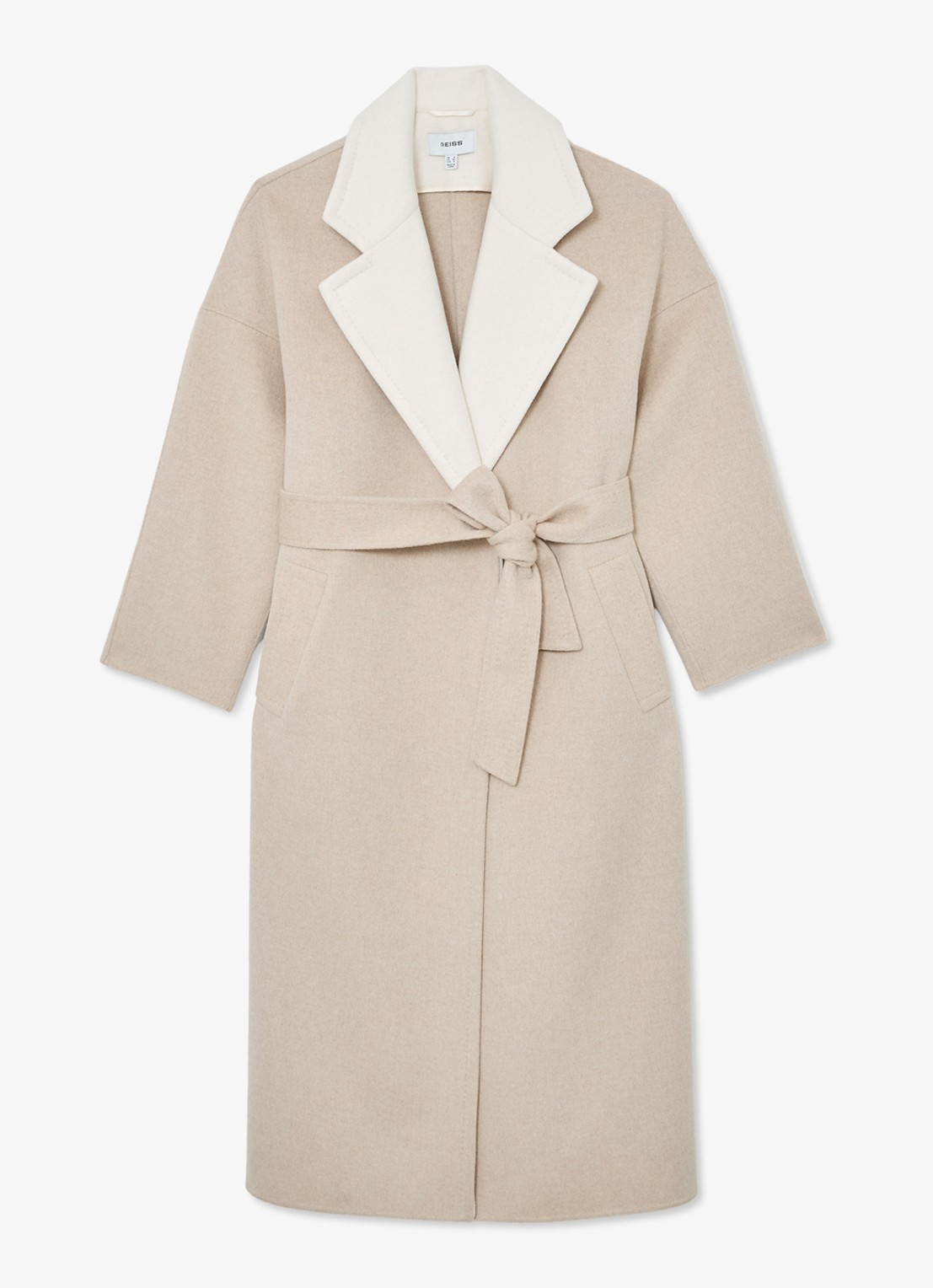 Reiss Marcela mantel van wol met strikceintuur - voorkant beige