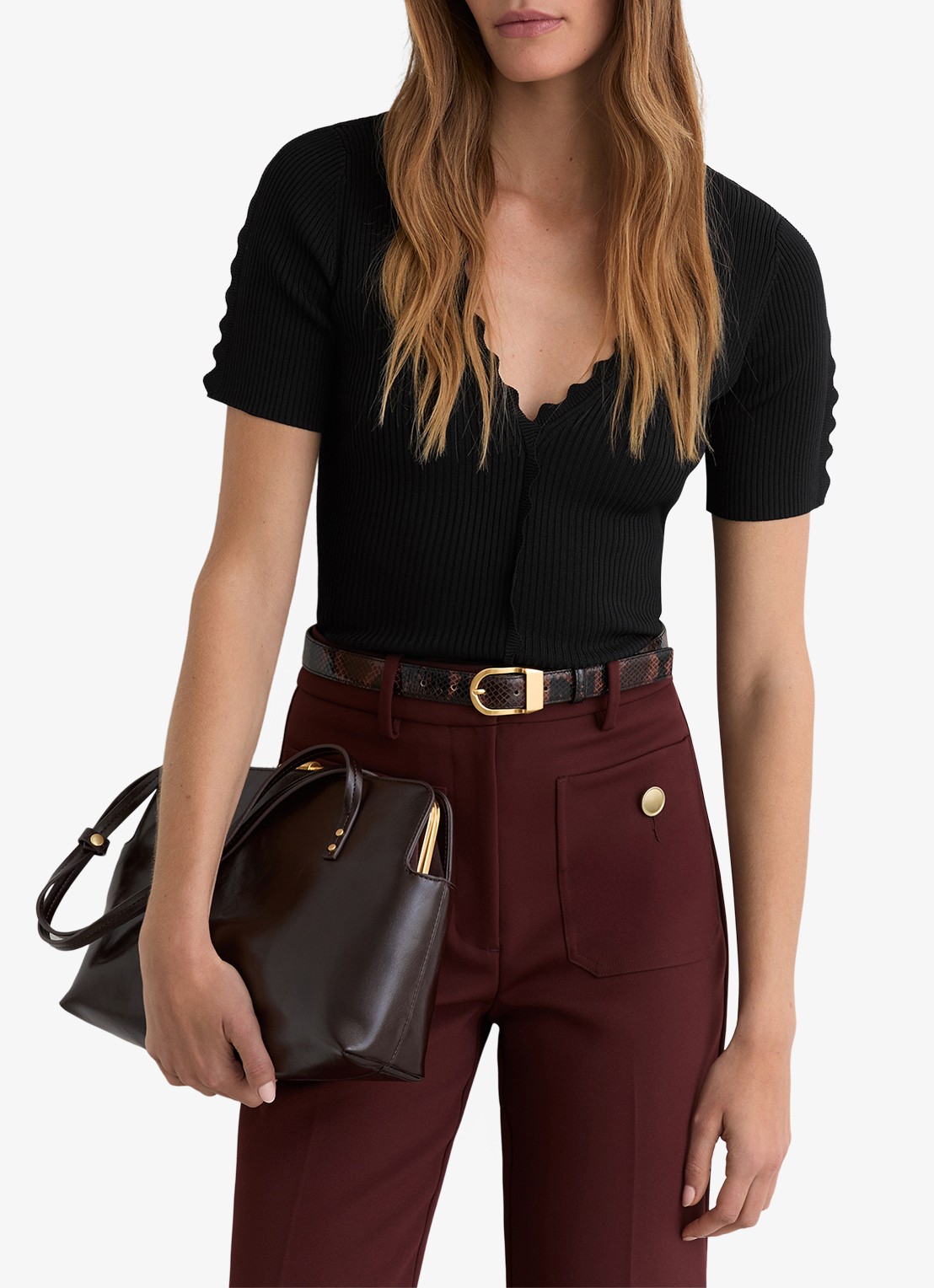 Reiss Marcy ribgebreide top met V-hals - detail 3 black / zwart