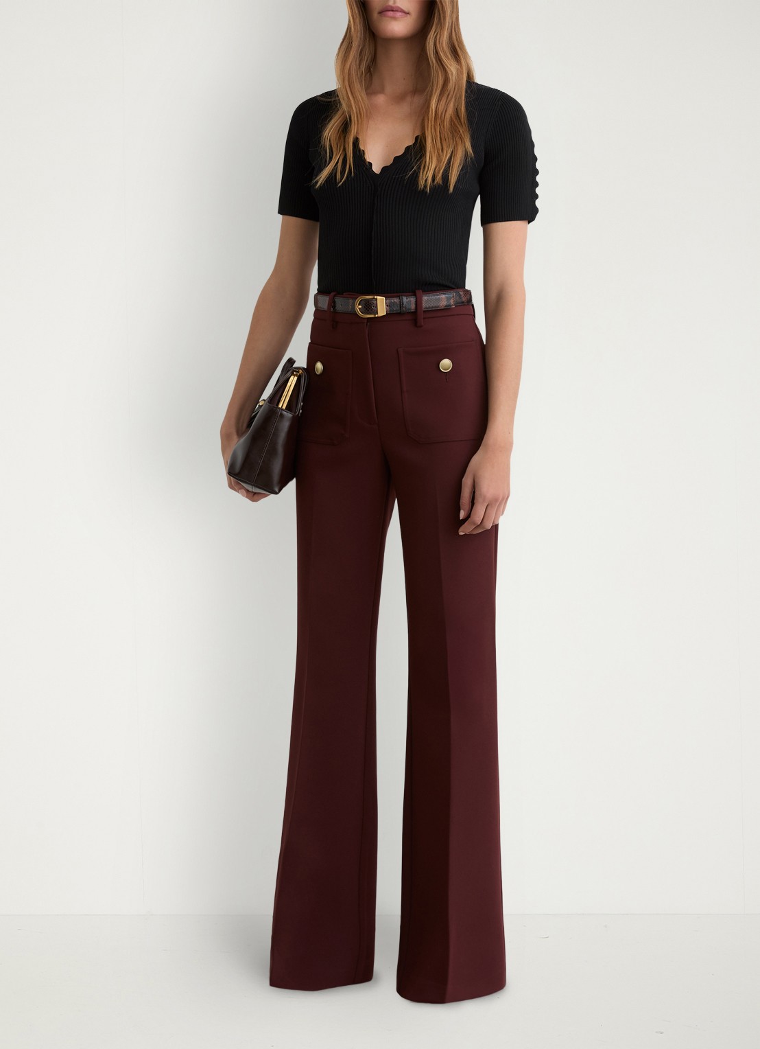 Reiss Marcy ribgebreide top met V-hals - voorkant 2 black / zwart