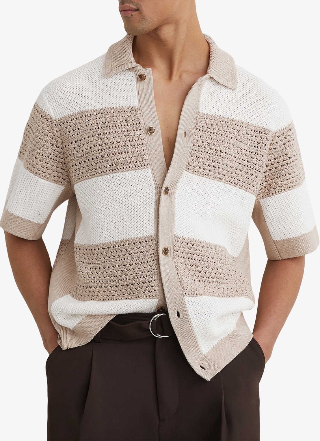 Reiss Marek grofgebreide trui met streepprint - detail 3 beige