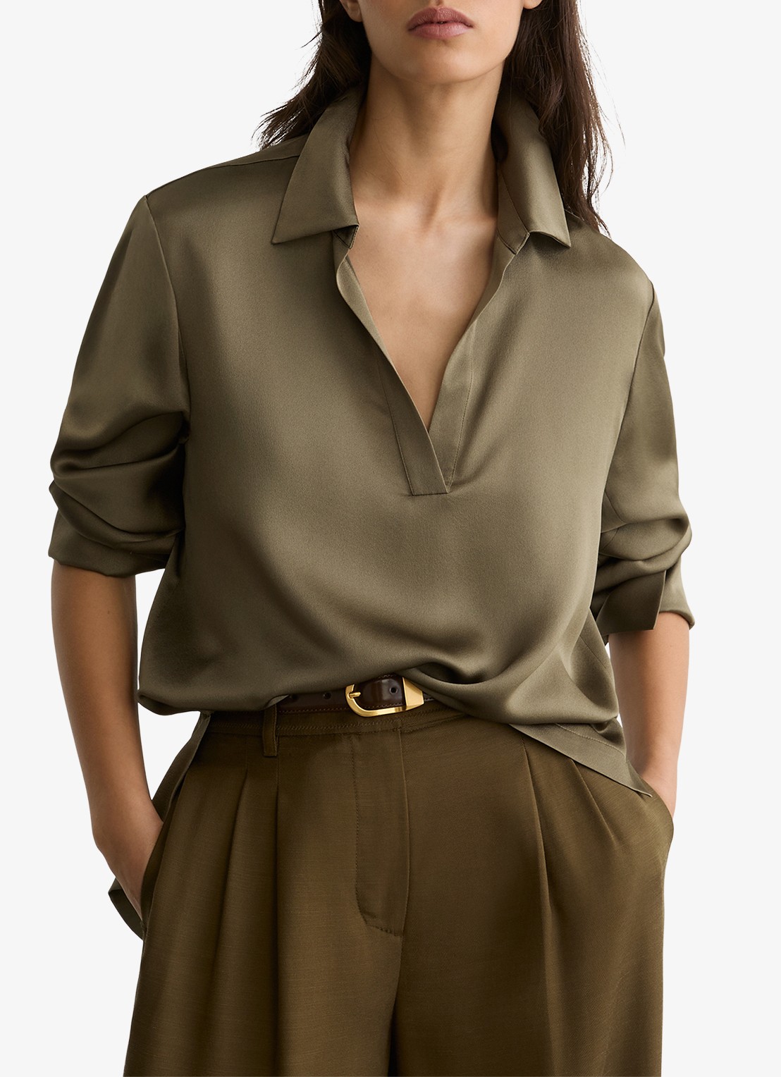 Reiss Marina tuniek van zijde - detail khaki