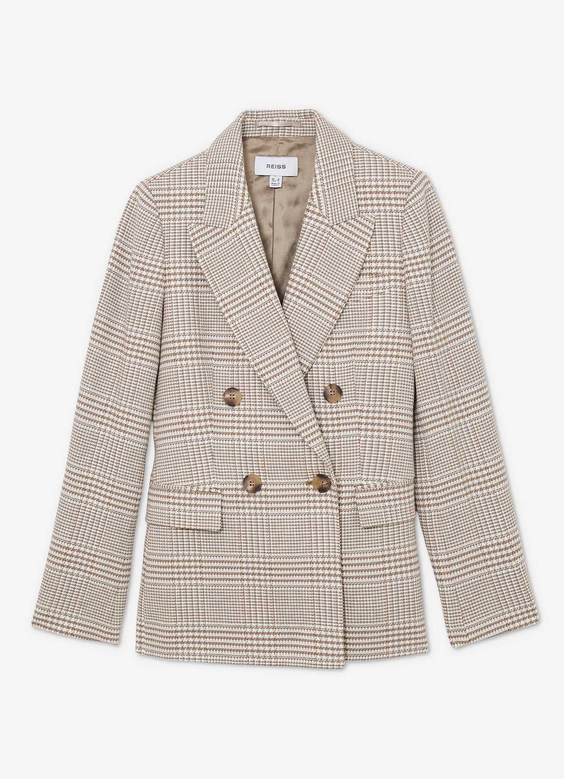 Reiss Maxwell double-breasted blazer met ruitdessin en klepzakken  - voorkant beige
