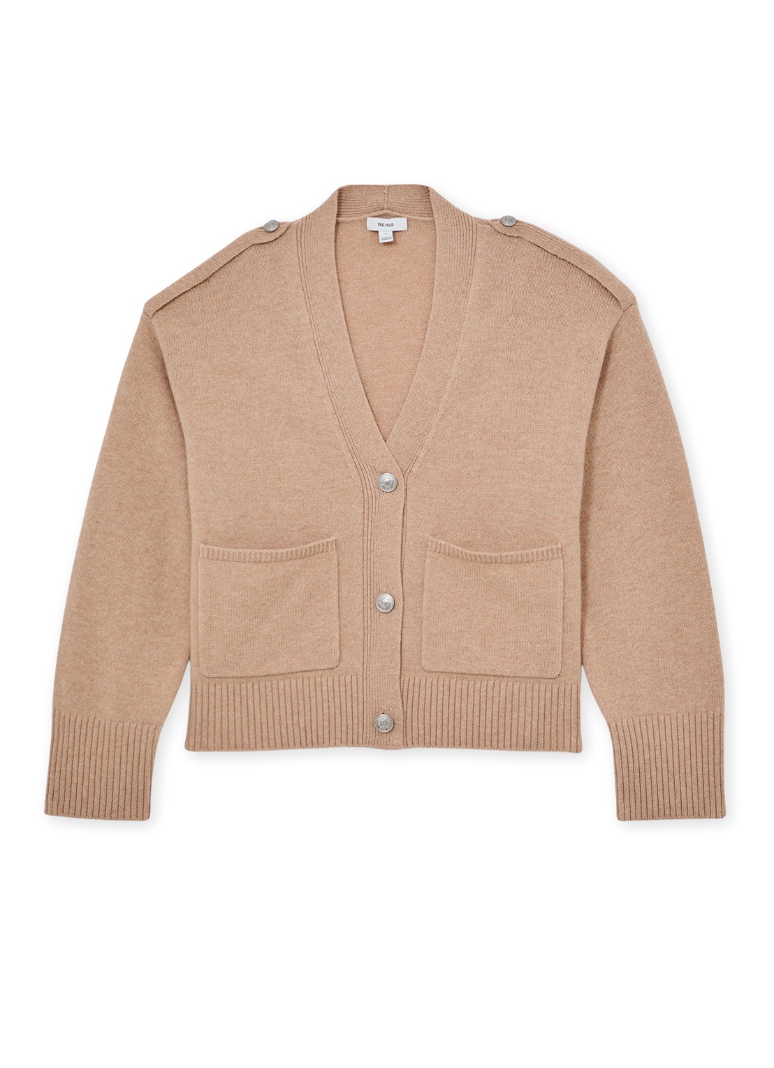 Reiss Maya fijngebreid vest in kasjmierblend met steekzakken - voorkant beige