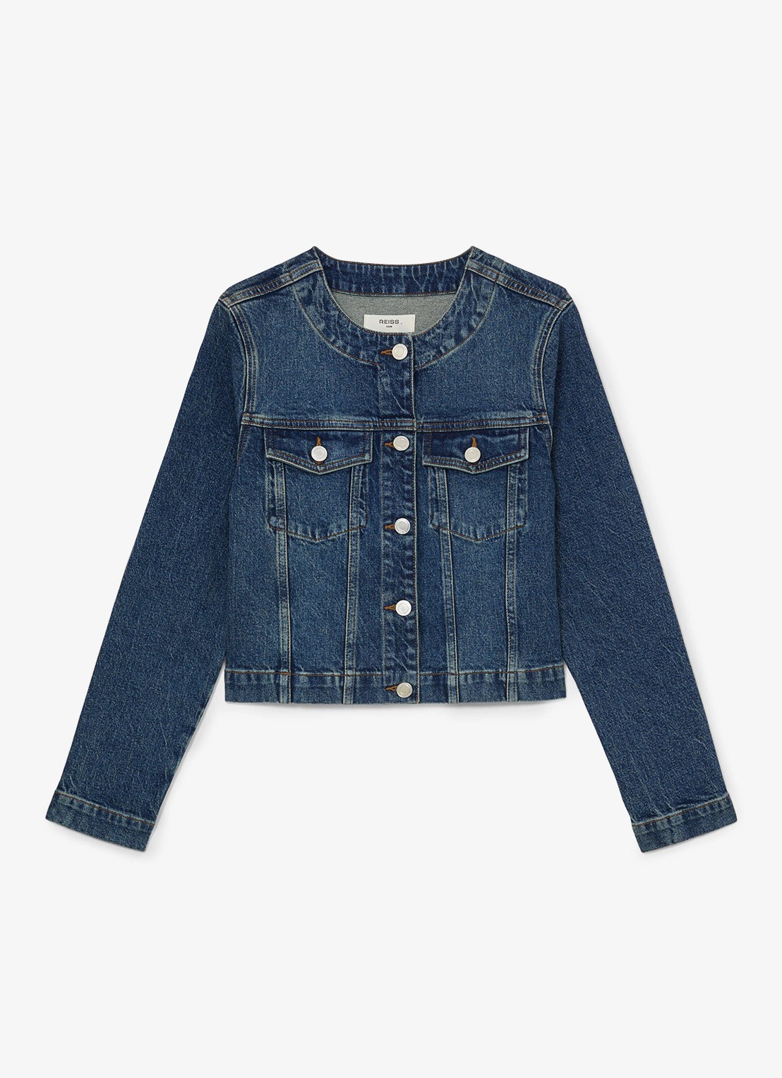 Reiss Medora spijkerjas met borstzakken - voorkant indigo