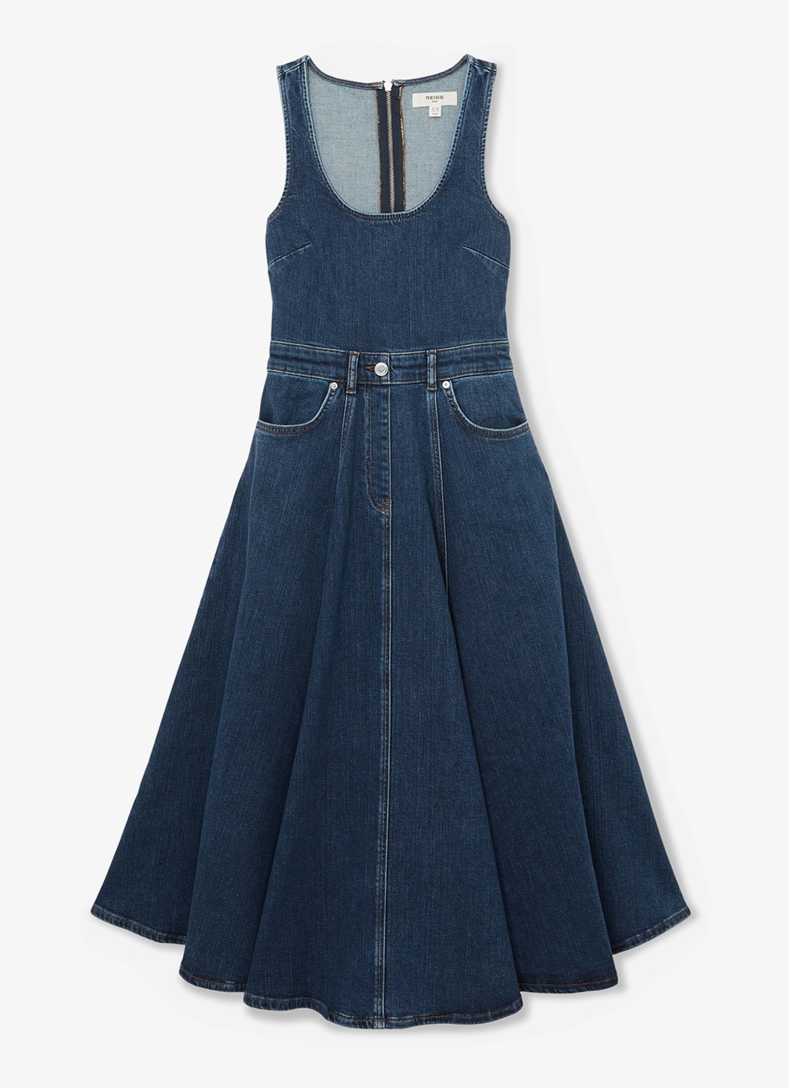 Reiss Midi A-lijn jurk van denim met steekzakken - voorkant indigo
