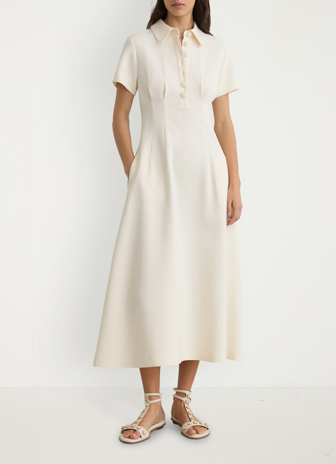 Reiss Midi jurk met plooien - voorkant 2 creme