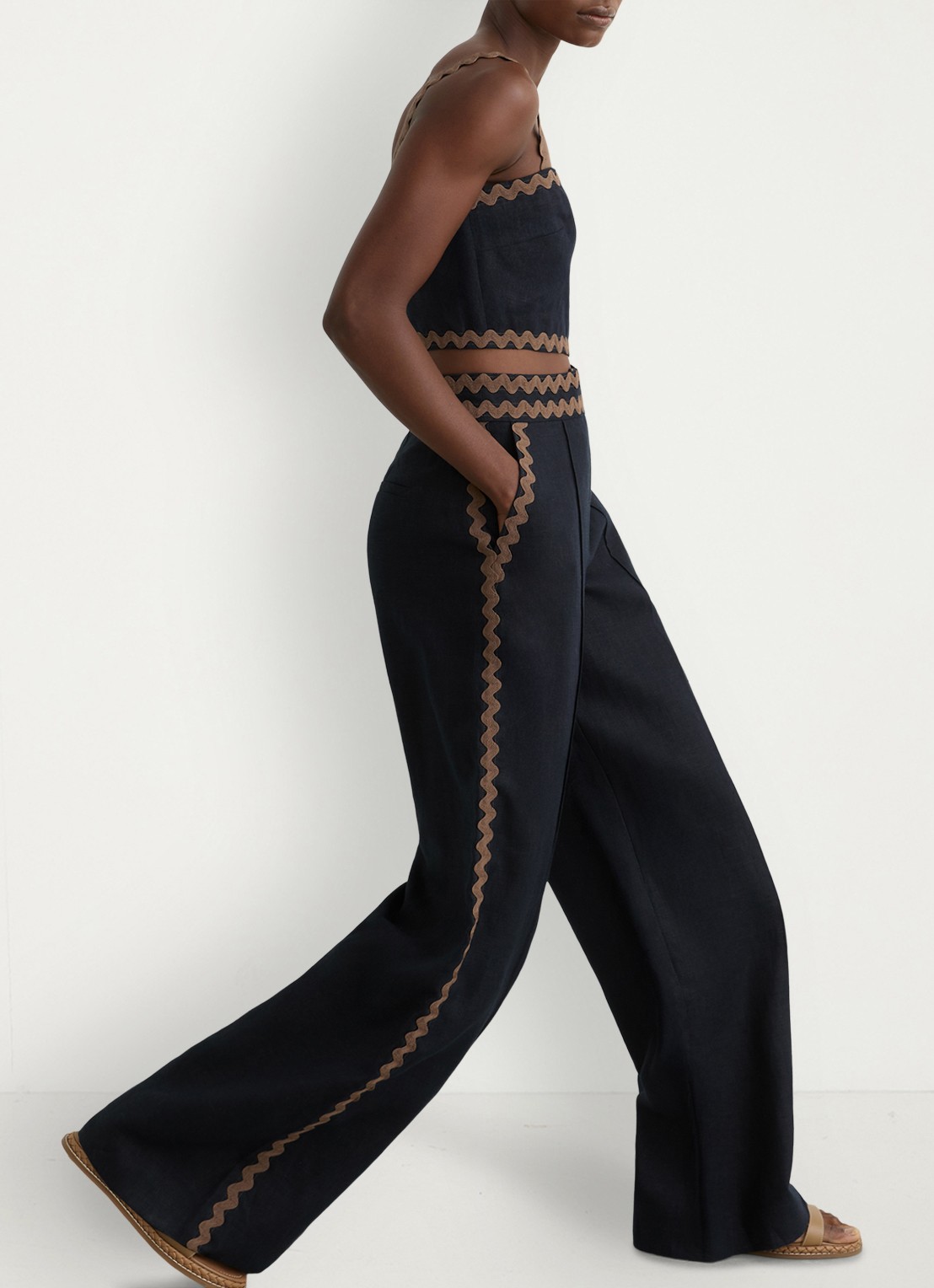Reiss Mila high waist wide fit pantalon van linnen - detail 3 donkerblauw