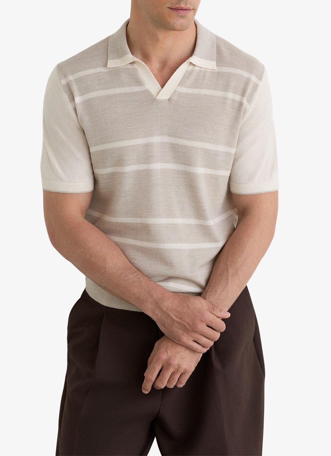Reiss Miles slim fit polo van merinowol met streepprint - detail 2 oatmeal / wit
