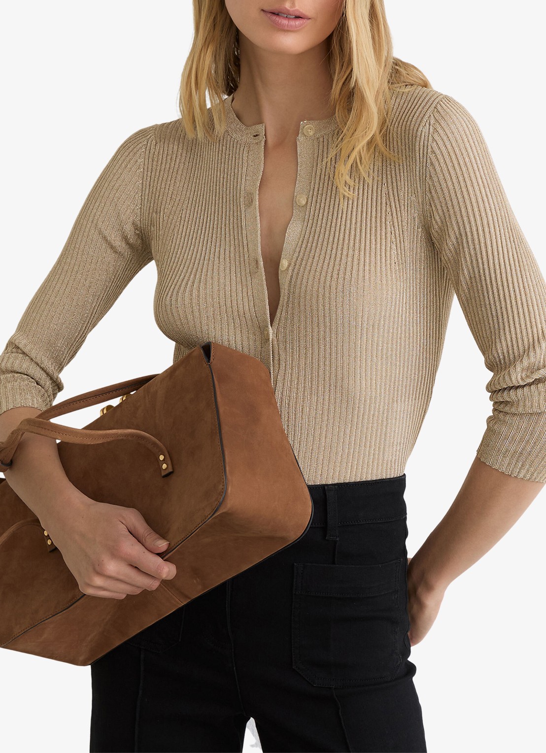 Reiss Milo fijngebreid vest met lurex - detail goud