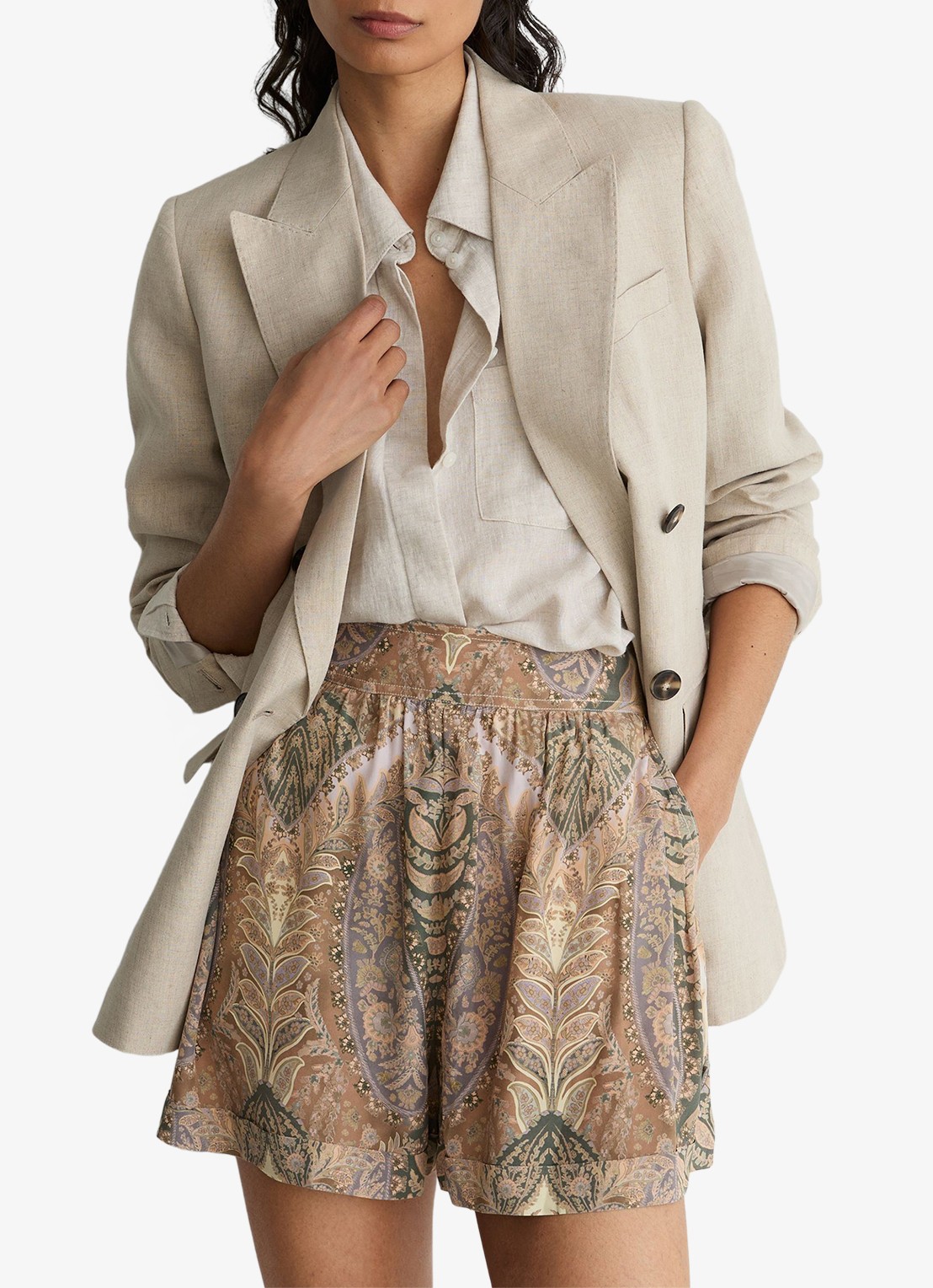 Reiss Neave high waist wide fit korte broek met jacquard dessin - detail 4 zand