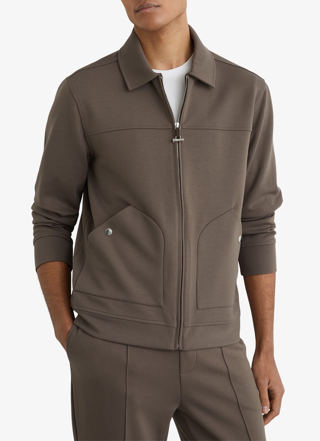 Reiss Newland sweatshirt met rits en opgestikte zakken - detail 4 lichtbruin