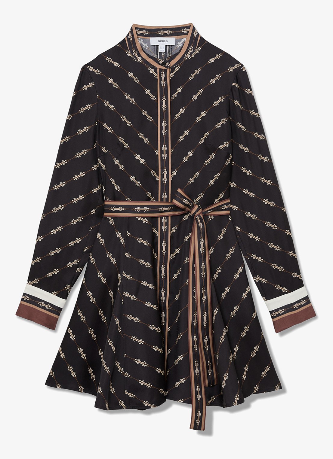 Reiss Nina mini blousejurk met grafische print en strikceintuur  - voorkant 2 zwart