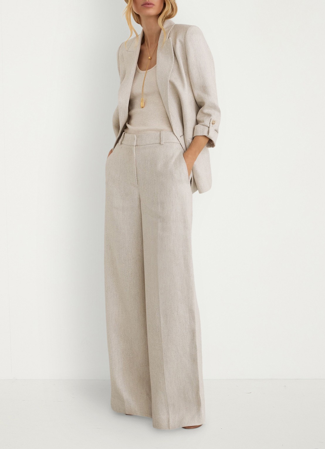 Reiss Nolah high waist wide fit pantalon in linnenblend - voorkant 2 naturel