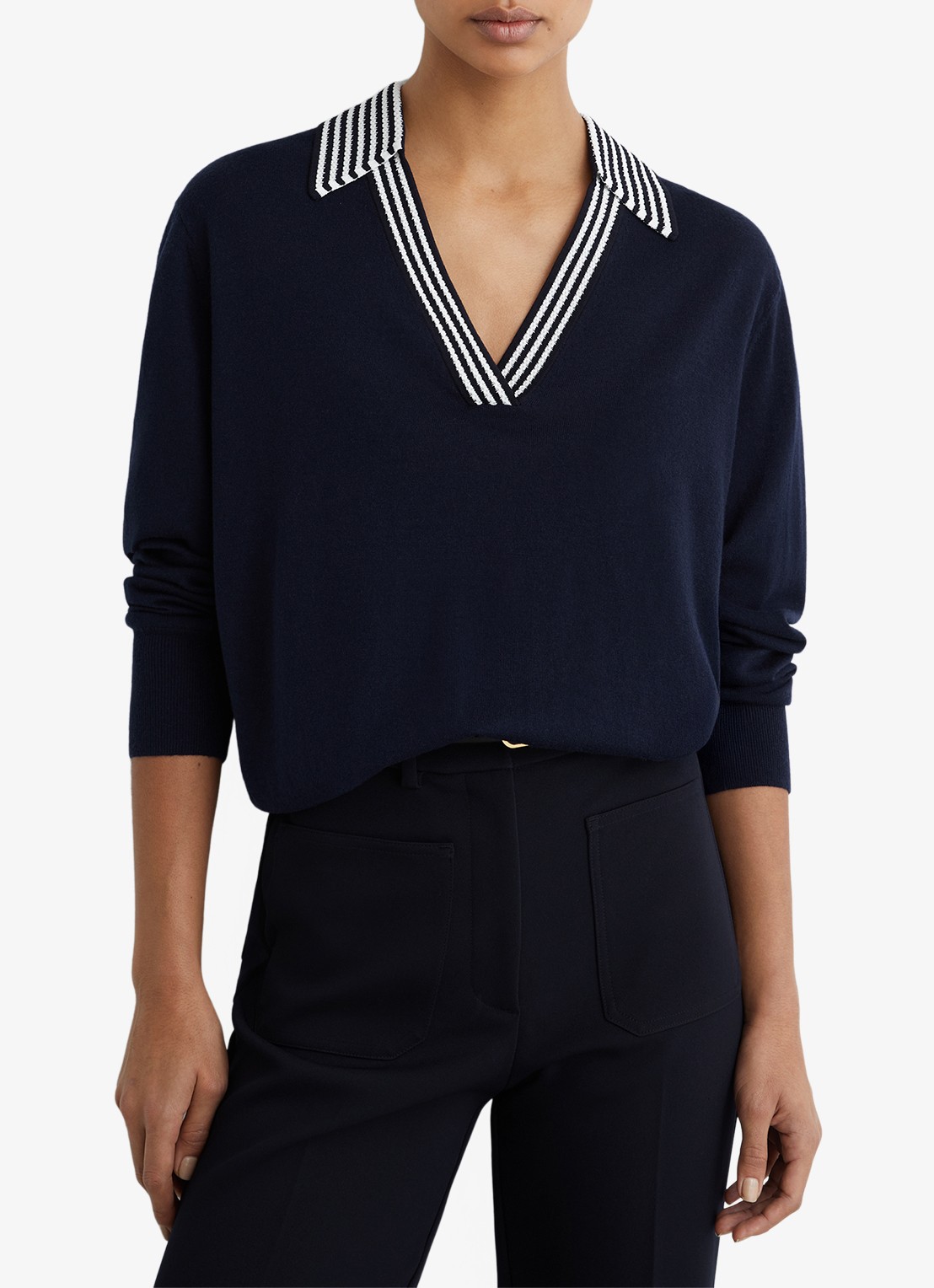 Reiss Nova fijngebreide trui van merino wol - detail 3 donkerblauw