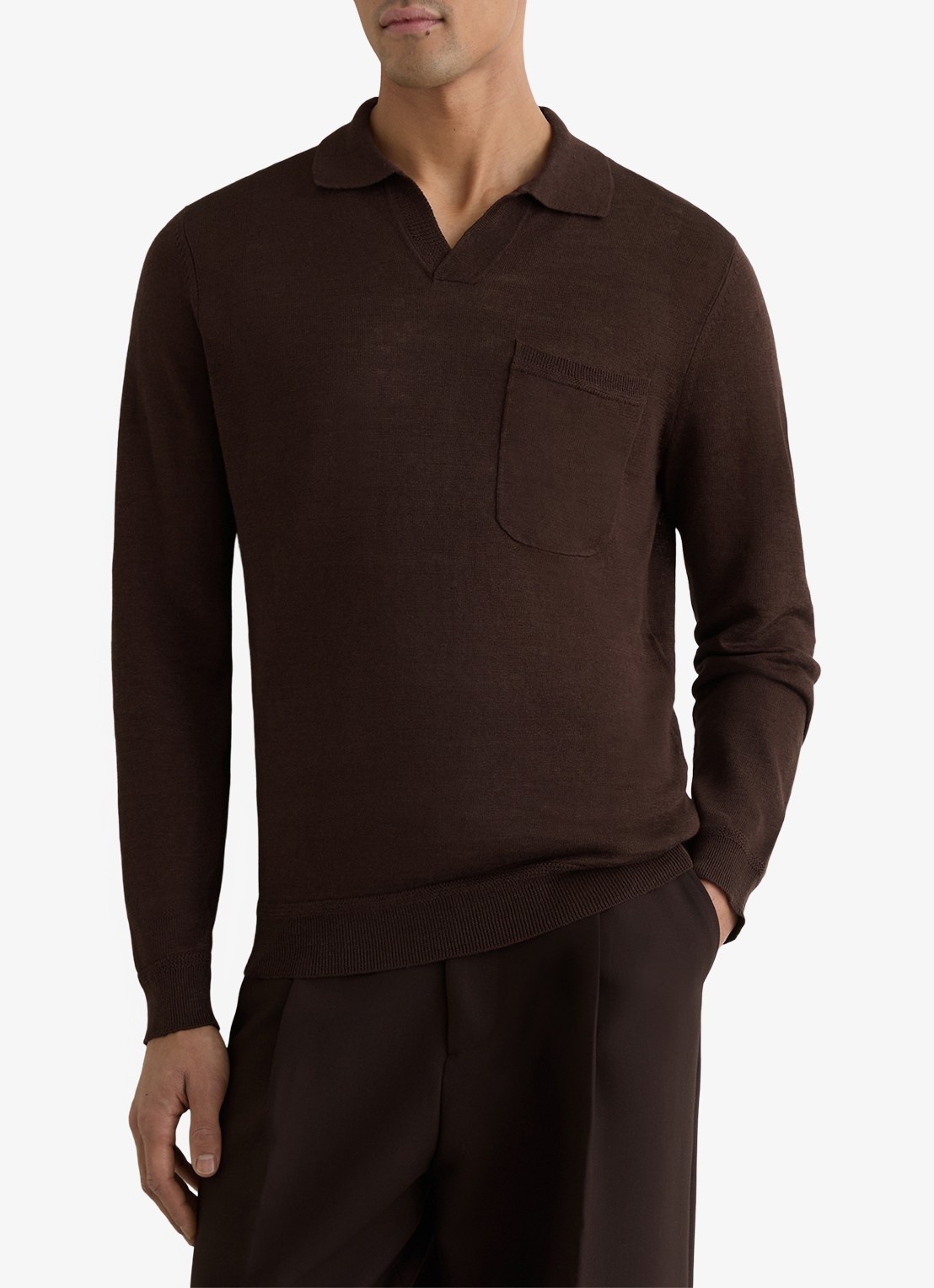 Reiss Oaklands regular fit polo van linnen - detail chocoladebruin