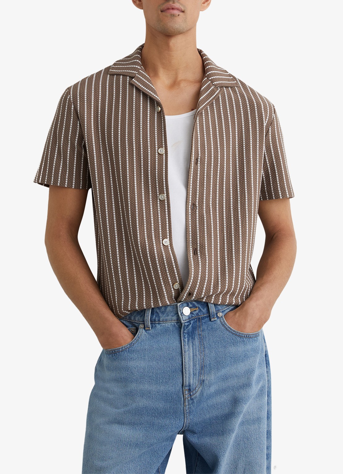 Reiss Percy overhemd met streepprint en structuur  - detail bruin