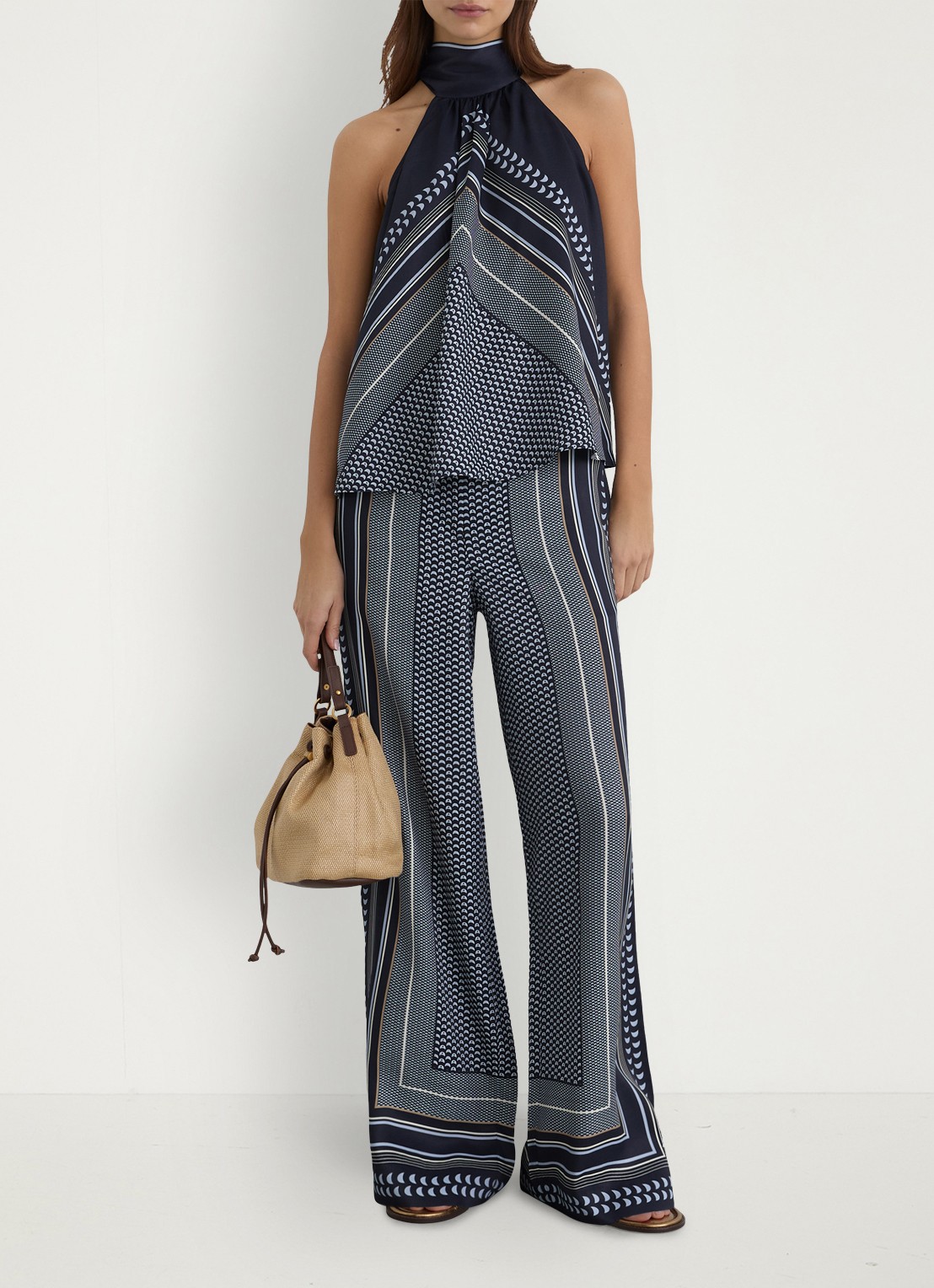Reiss Petite Anna high waist wide fit pantalon met print - detail 6 donkerblauw