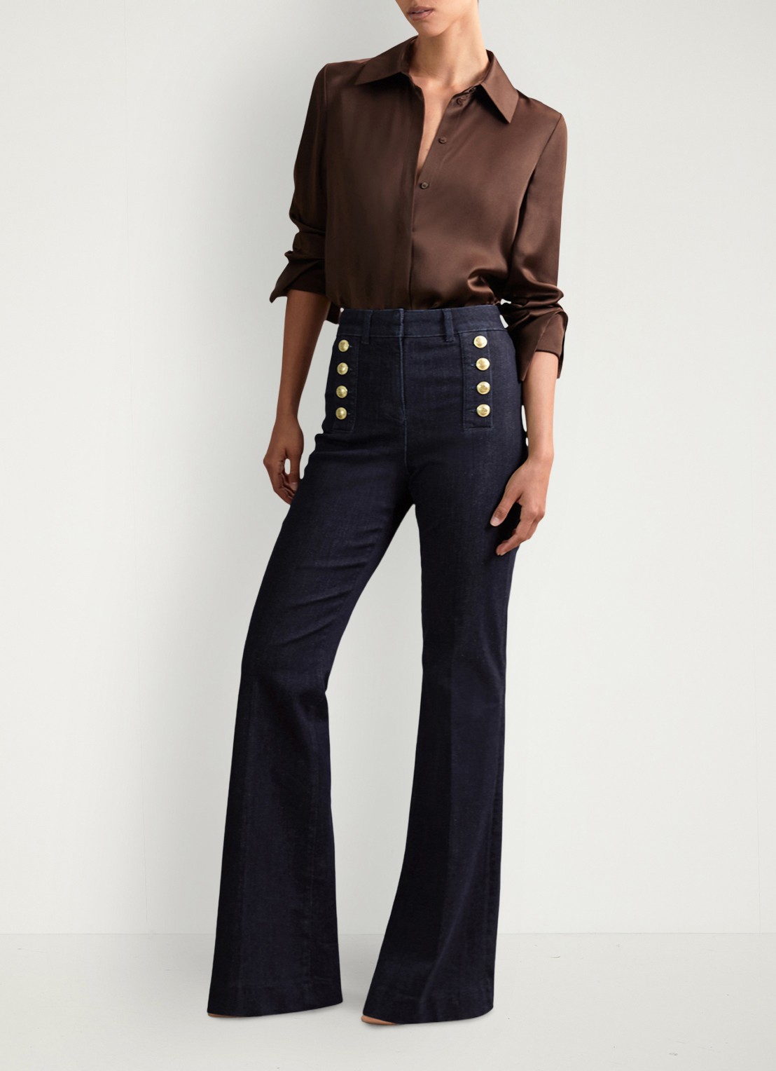 Reiss Petite Athena high wasit flared jeans met sierknopen - voorkant 3 indigo