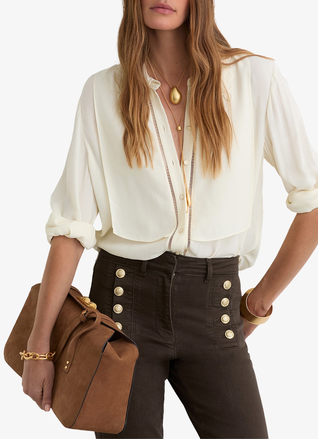 Reiss Petite Athena mid waist flared jeans met sierknopen  - detail 5 bruin