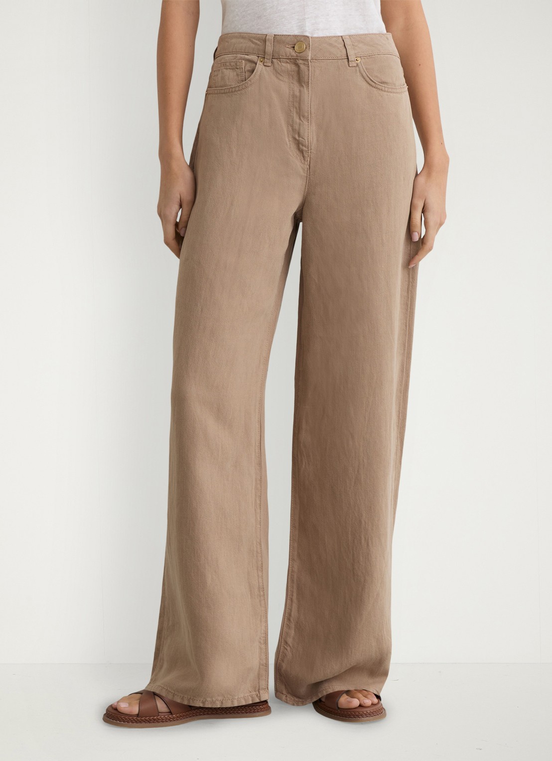 Reiss Petite Carmen high waist wide fit pantalon in linnenblend - detail 4 beige