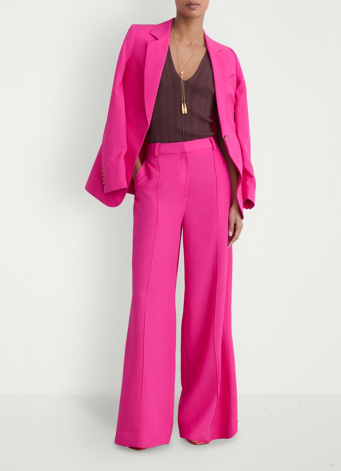 Reiss Petite Charli high waist wide fit pantalon in linnenblend - detail 7 oudroze