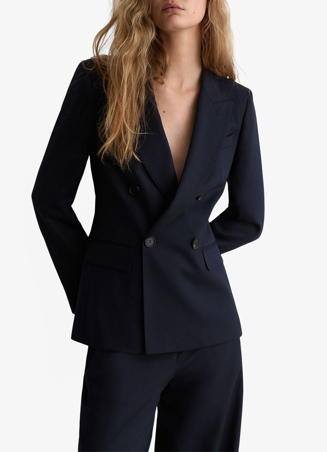 Reiss Petite double-breasted Blazer in wolblend - detail 4 donkerblauw