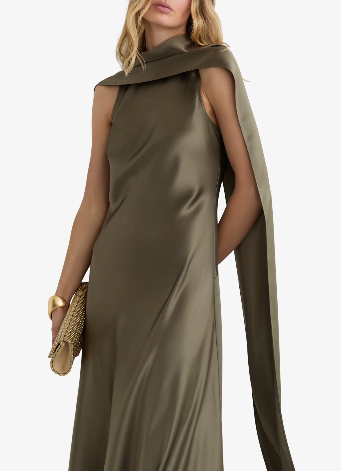 Reiss Petite Fae maxi jurk met sjaalkraag - detail khaki