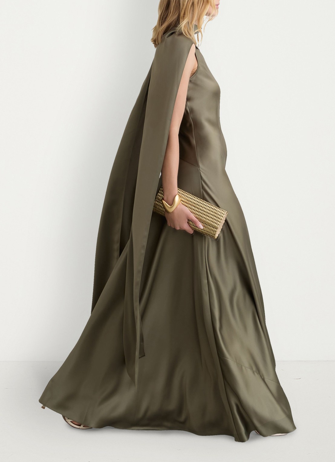 Reiss Petite Fae maxi jurk met sjaalkraag - detail 3 khaki