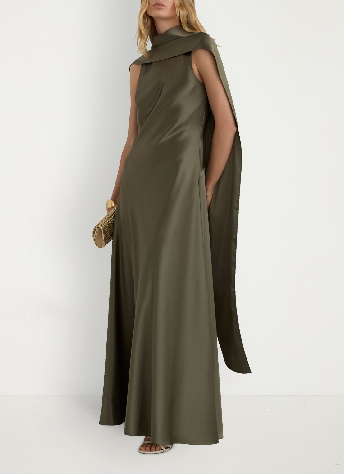 Reiss Petite Fae maxi jurk met sjaalkraag - voorkant 7 khaki