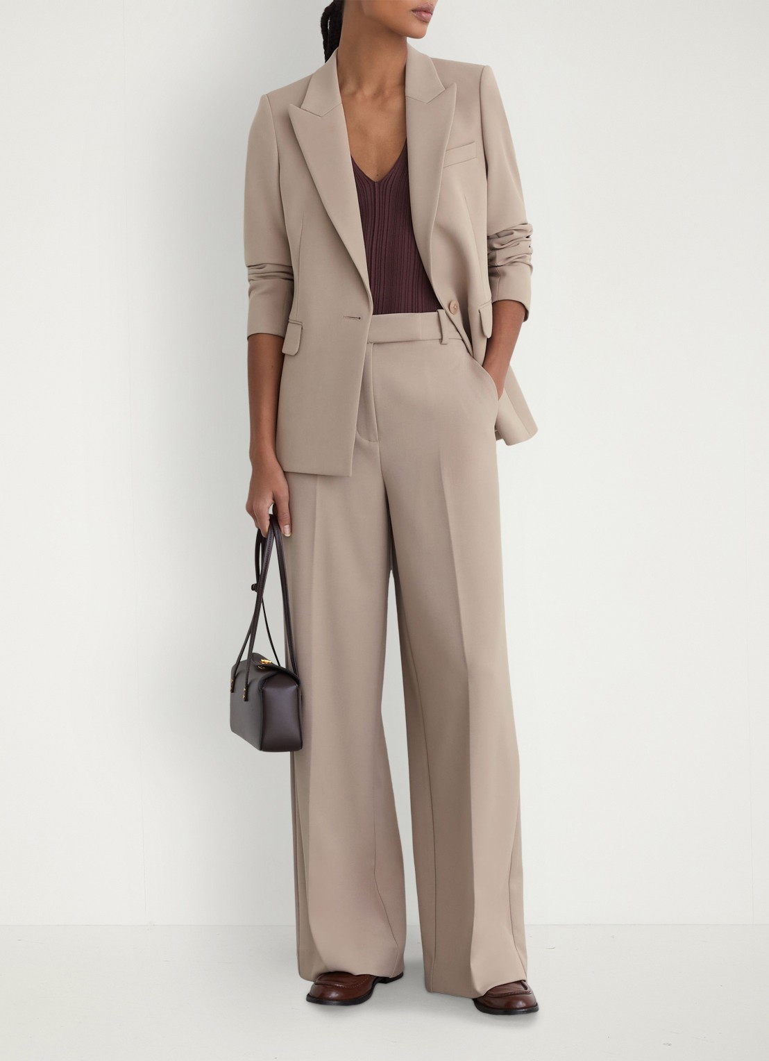 Reiss Petite Gabi high waist wide fit pantalon met steekzakken - voorkant 3 beige