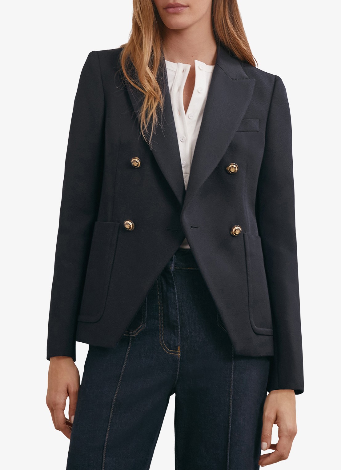 Reiss Petite Gigi Double-breasted blazer in wolblend - detail donkerblauw