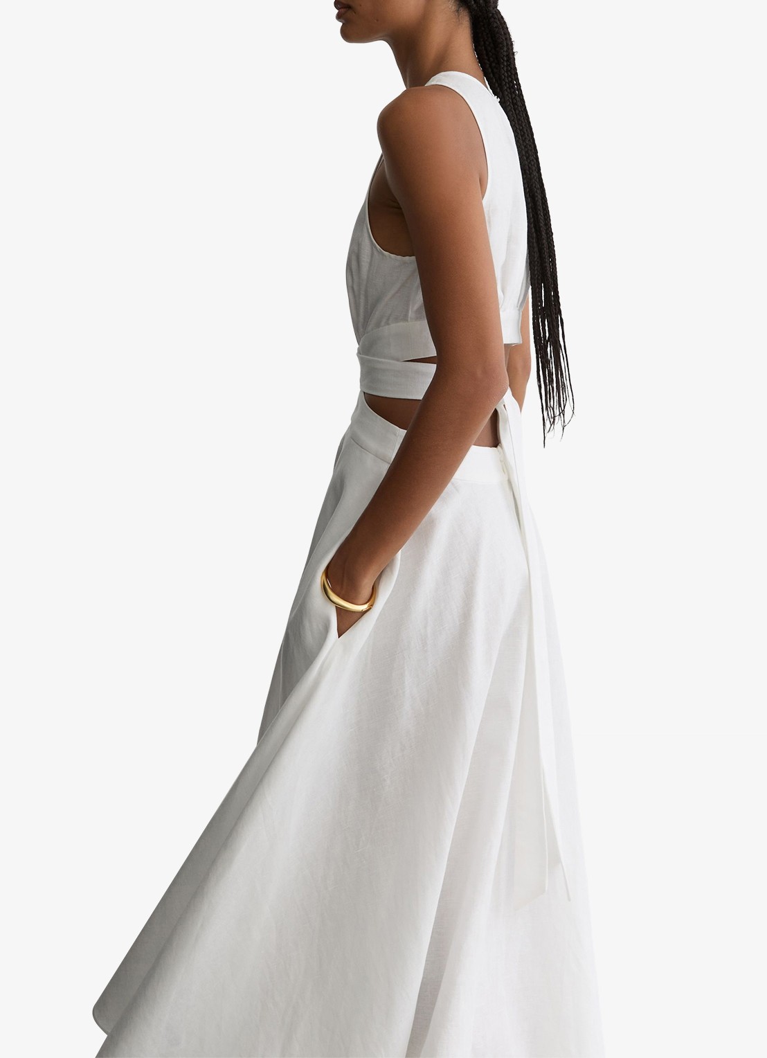 Reiss Petite Hazel midi jurk in linnenblend met cut-out detail - detail 3 wit