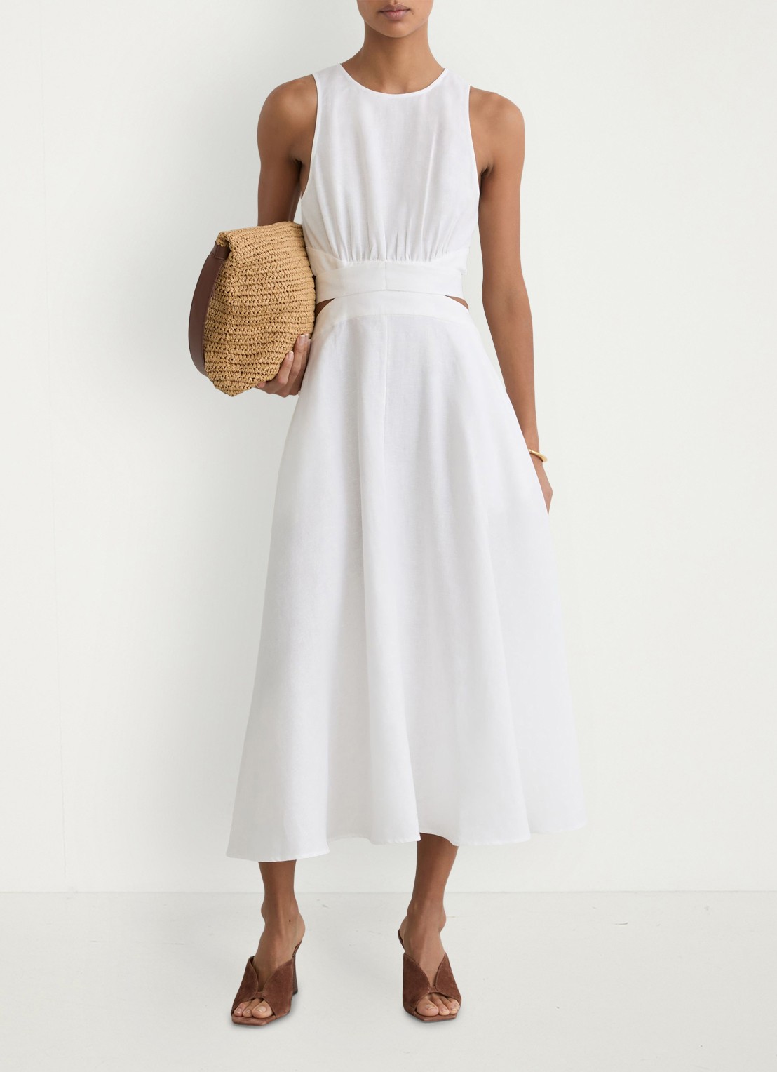 Reiss Petite Hazel midi jurk in linnenblend met cut-out detail - voorkant 6 wit