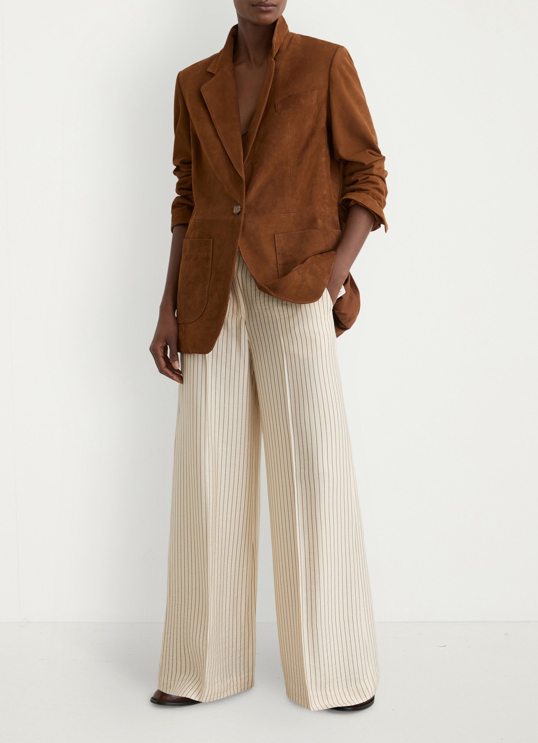 Reiss Petite high waist wide fit pantalon met streepprint - voorkant 6 creme