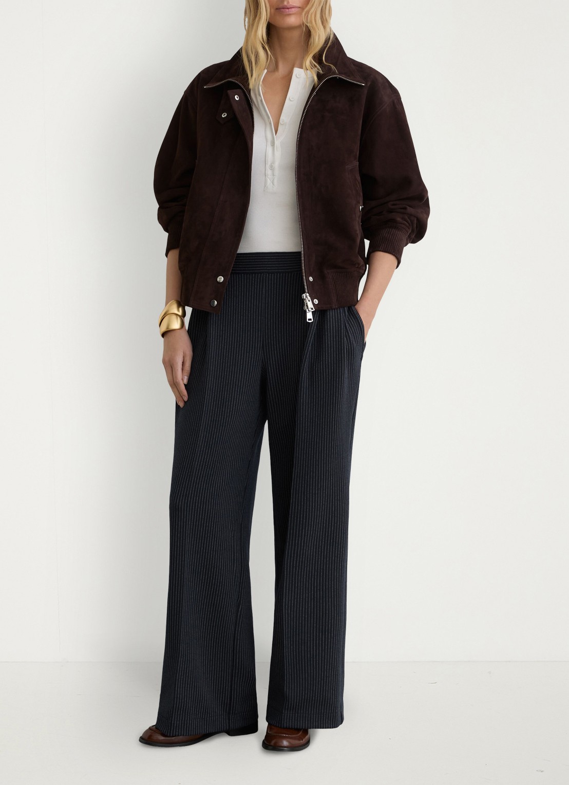 Reiss Petite high waist wide fit pantalon met streepprint - voorkant 3 donkerblauw