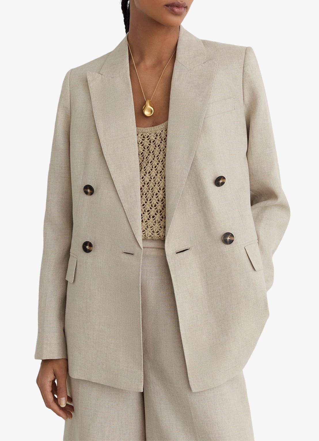 Reiss Petite kit Double-breasted blazer van linnen - detail 4 creme