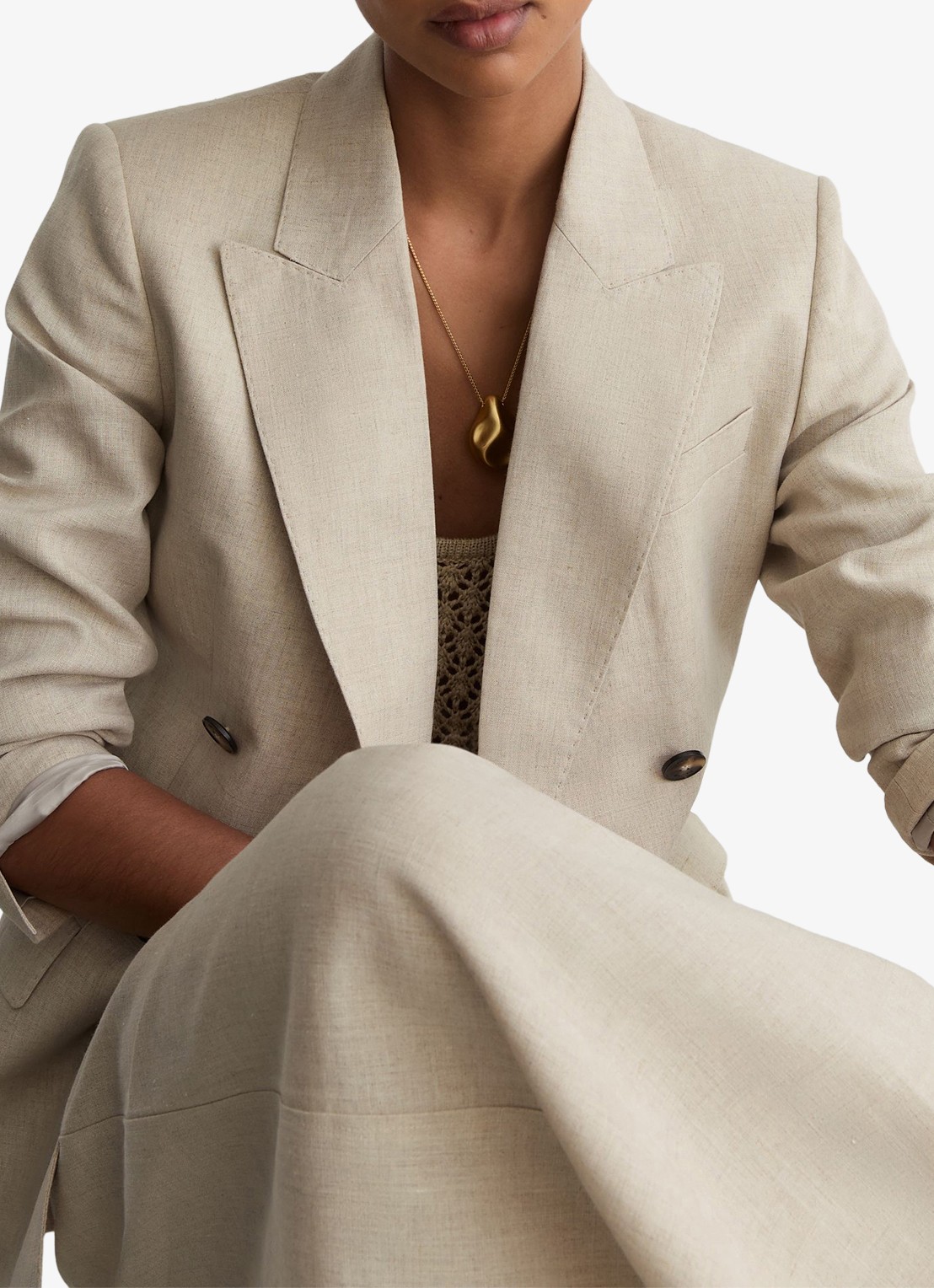 Reiss Petite kit Double-breasted blazer van linnen - detail 8 creme