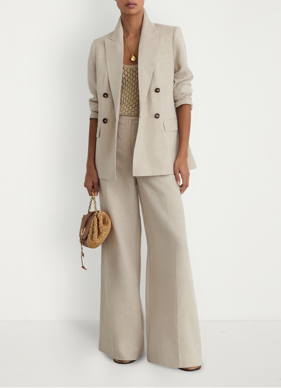Reiss Petite kit Double-breasted blazer van linnen - voorkant 3 creme