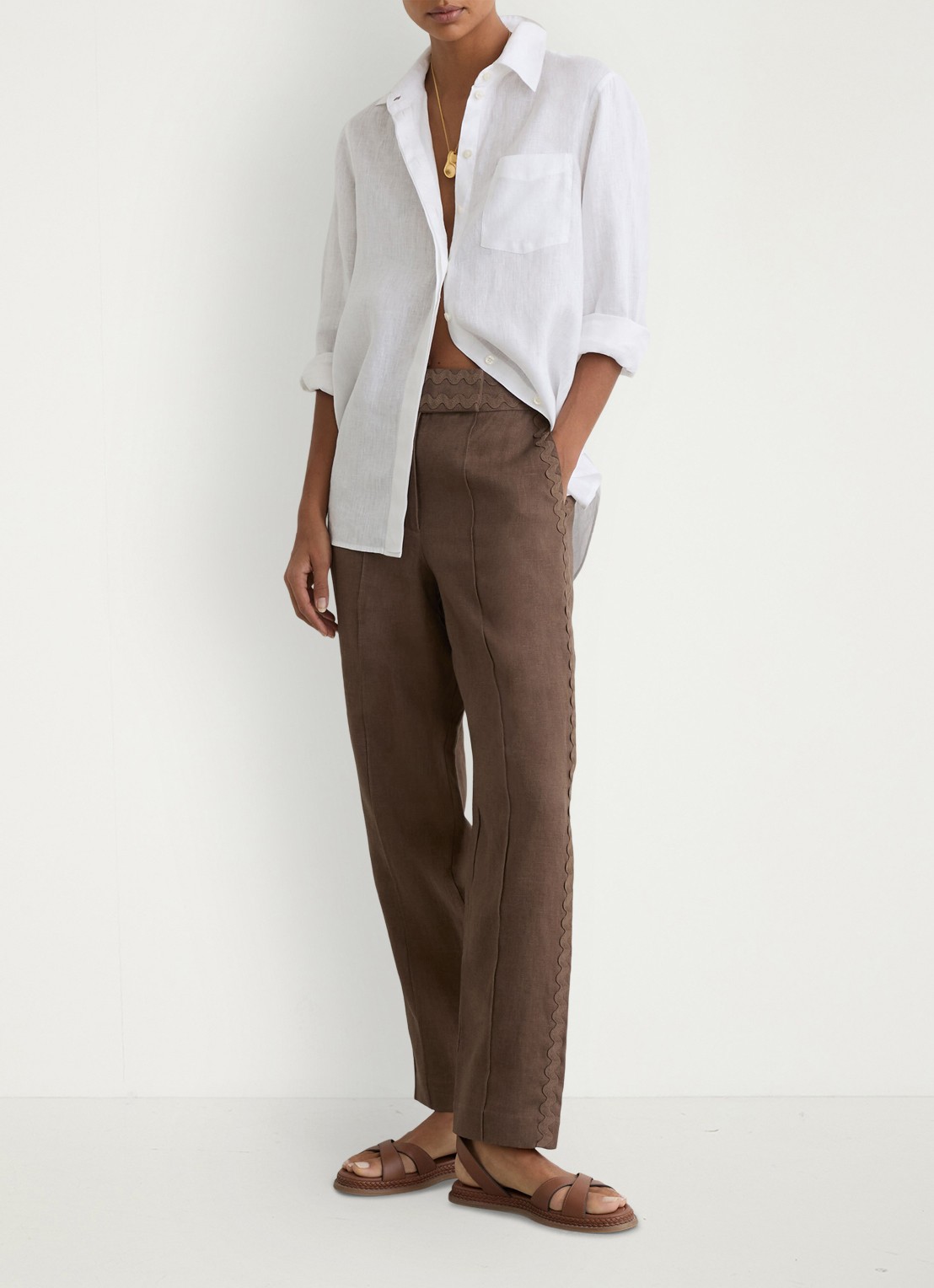 Reiss Petite mid waist tapered fit pantalon van linnen - detail 4 bruin