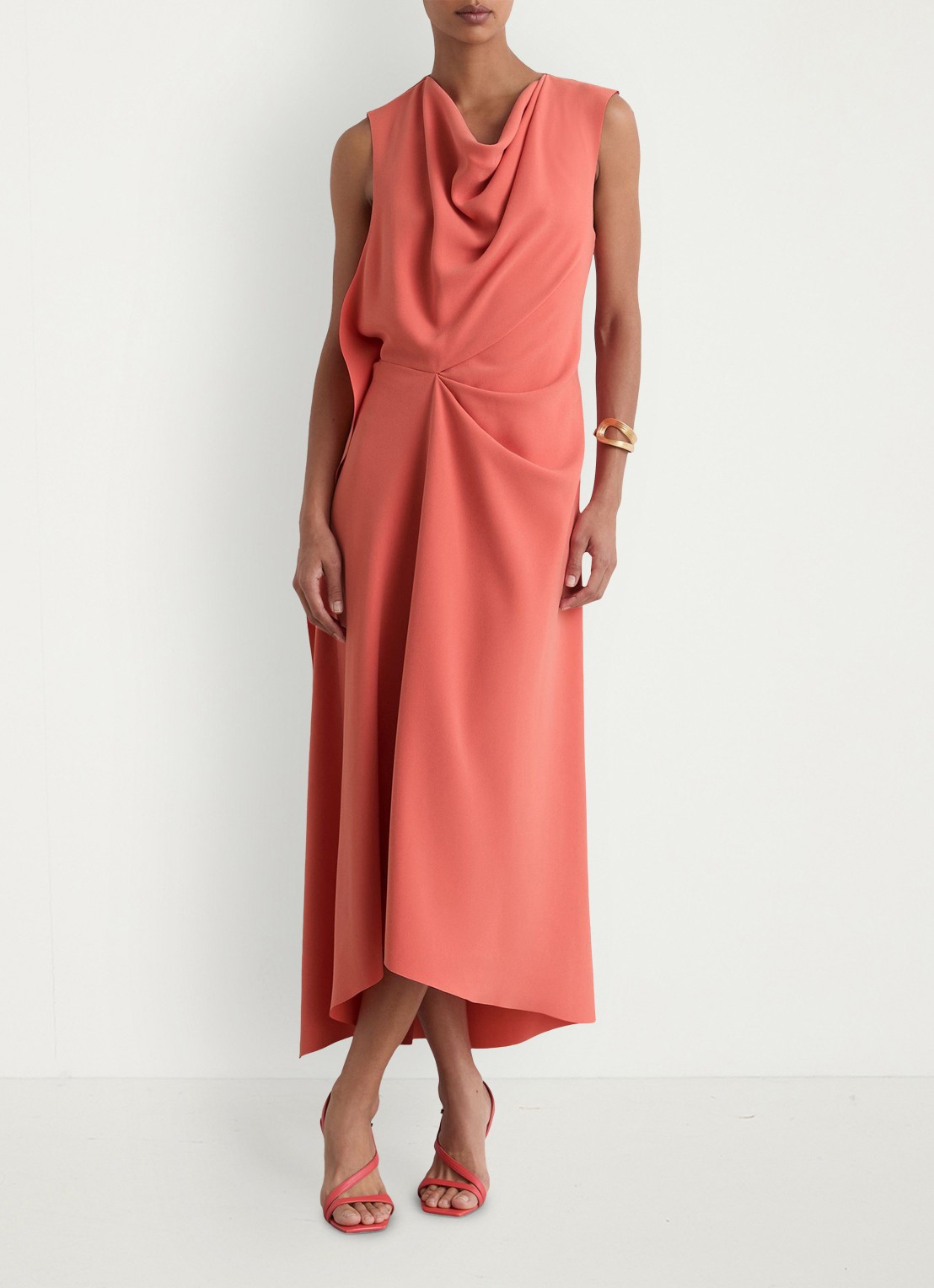 Reiss Petite midi jurk met watervalhals - detail 2 koraalroze