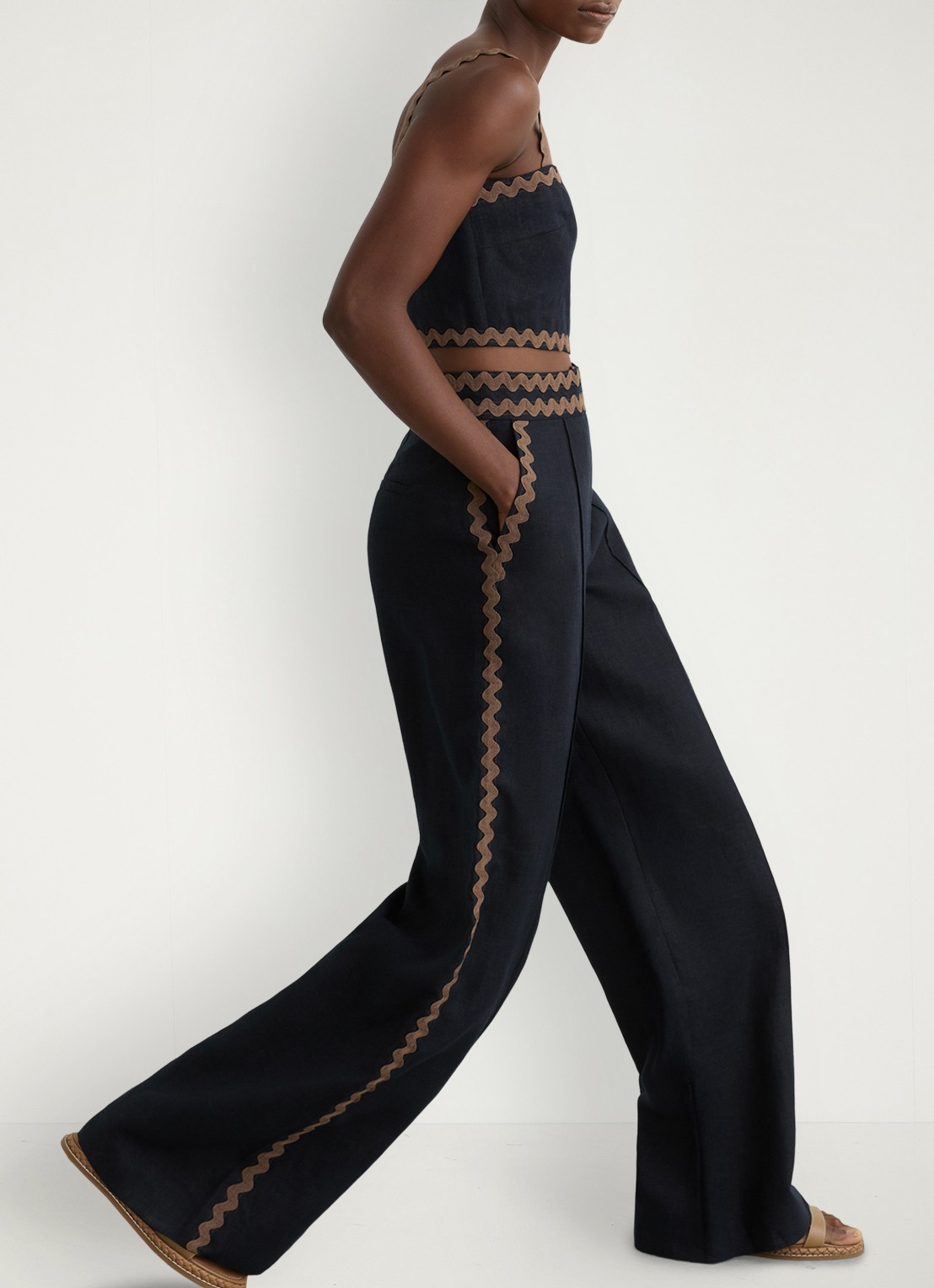 Reiss Petite Mila high waist wide fit pantalon van linnen - detail 3 donkerblauw
