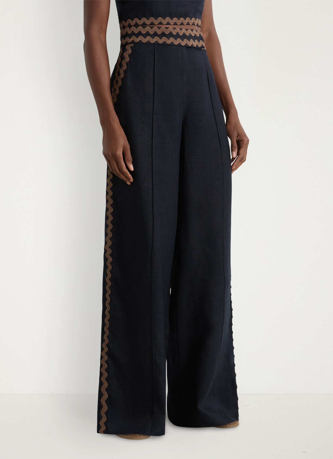 Reiss Petite Mila high waist wide fit pantalon van linnen - detail 4 donkerblauw