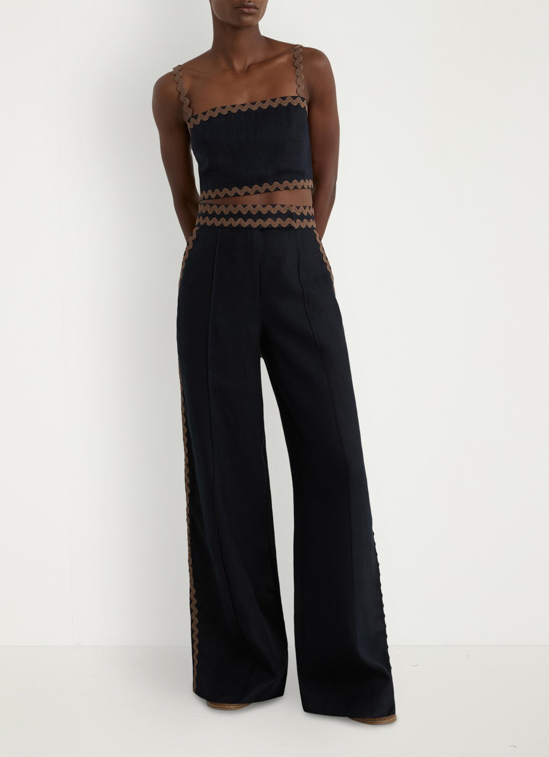 Reiss Petite Mila high waist wide fit pantalon van linnen - voorkant 2 donkerblauw