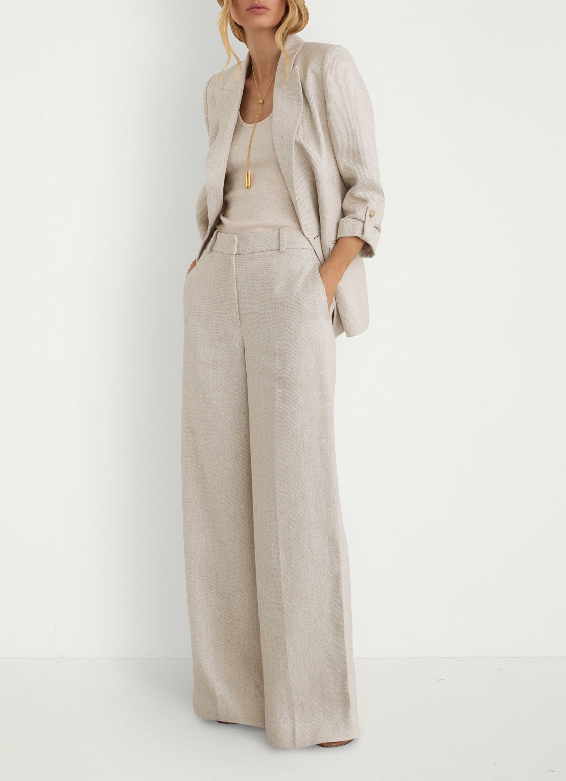 Reiss Petite Nolah high waist wide fit pantalon in linnenblend - detail 7 naturel